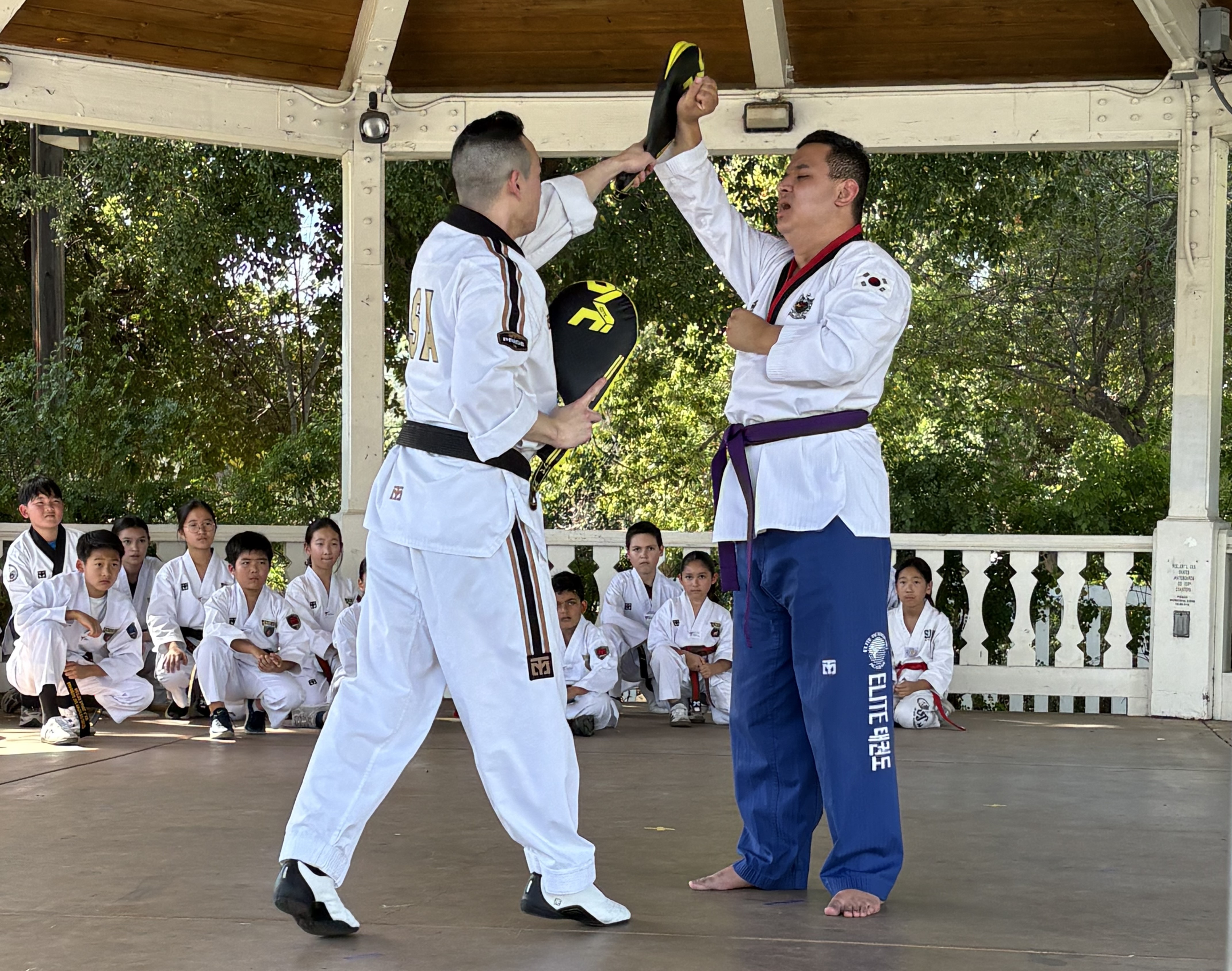 Giancarlo Valdez, right, demonstrating his taekwondo skills with Master Daniel...