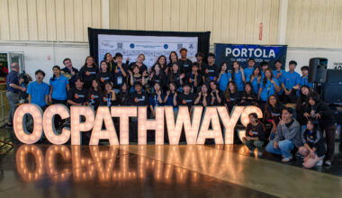 OCDE Executive Director Kathy Boyd and Administrator Kim Goodwin pose with the OC Pathways student ambassadors at the 12th annual OC Pathways Showcase at the OC Fairgrounds.