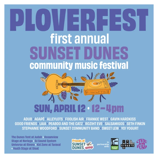 Event poster for Ploverfest, the first annual Sunset Dunes community music festival, on Sunday, April 12 from 12-4 pm, listing music acts and sponsor logos.
