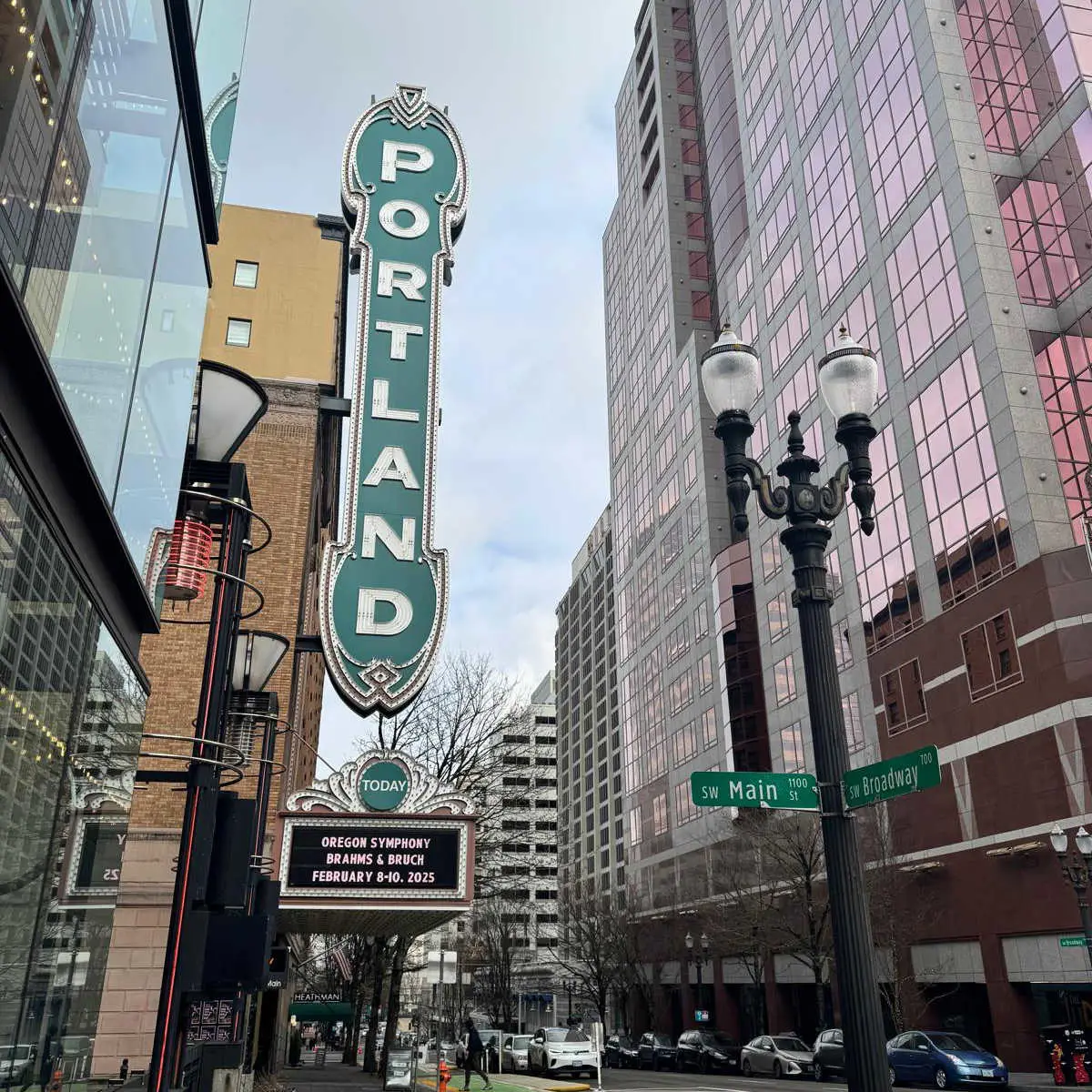 Portland banner in downtown Portland, Oregon