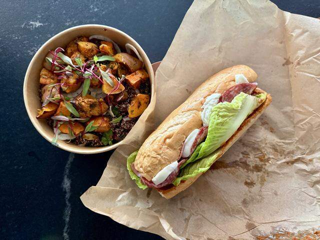 A sweet potato-quinoa salad and an Italian deli sandwich are among the offerings at Hook & Ladder's new lunch grab-and-go concept, PRANZO.