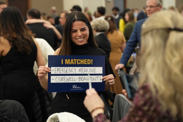 Frosilda Pushani celebrates after matching into Emergency Medicine at Corewell Health William Beaumont University Hospital.

photo courtesy OU