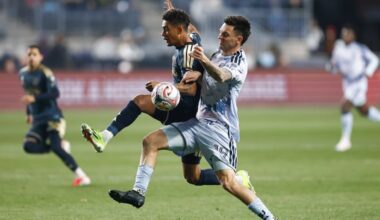 Union defender Japhet Sery Larsen (left, center) and San Jose forward Preston Judd battle for possession in the first half on Saturday's loss to the Earthquakes at Subaru Park.