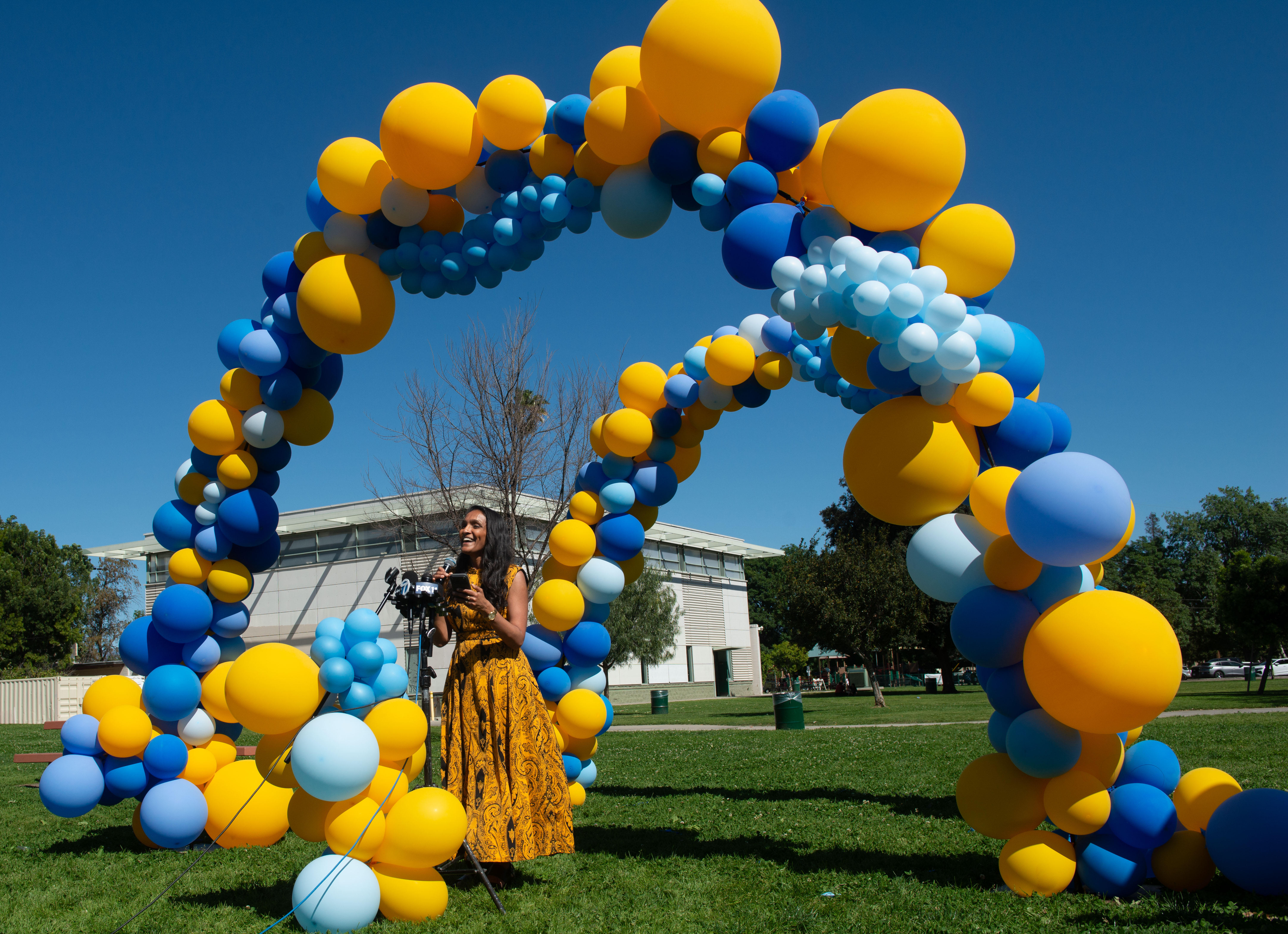 City Councilwoman Nithya Raman speaks to the attendees during her...