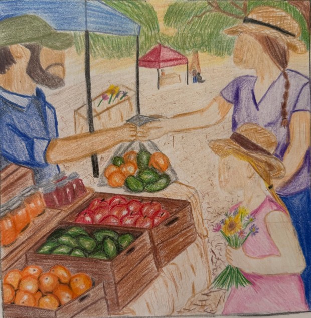 Maya Calvillo, an 18-year-old senior at Ramona High, created a colored pencil drawing that shows a woman and her daughter buying produce at a farmers market. (Courtesy Maya Calvillo)