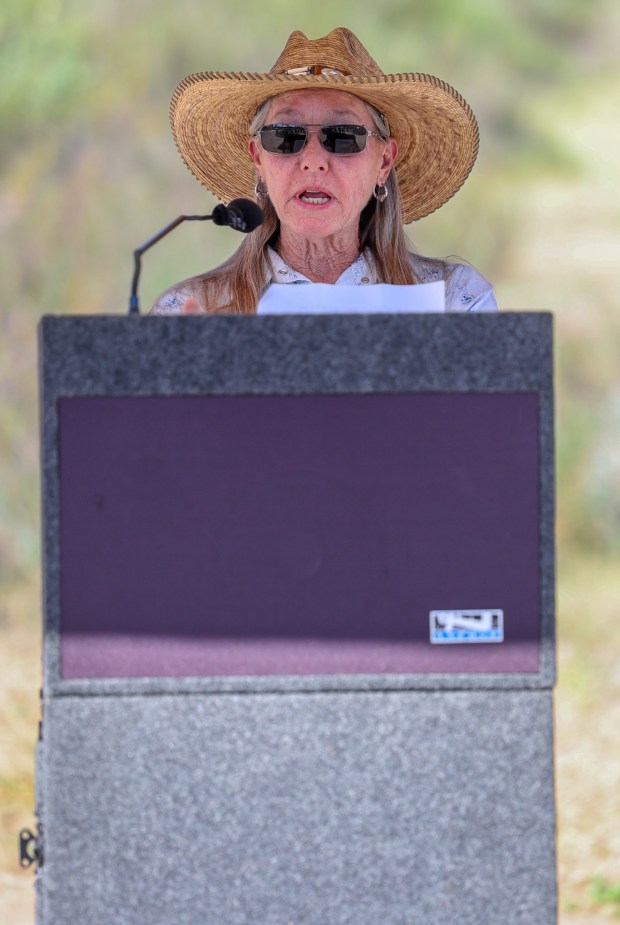Cheryl Wegner, president of the Ramona Trails Association, addresses guests during the ribbon-cutting ceremony for the Mount Woodson Gateway parking lots. The Ramona Trails Association is a local nonprofit dedicated to creating, maintaining and protecting trails throughout the Ramona area. (Stephanie Rene Ogilvie)