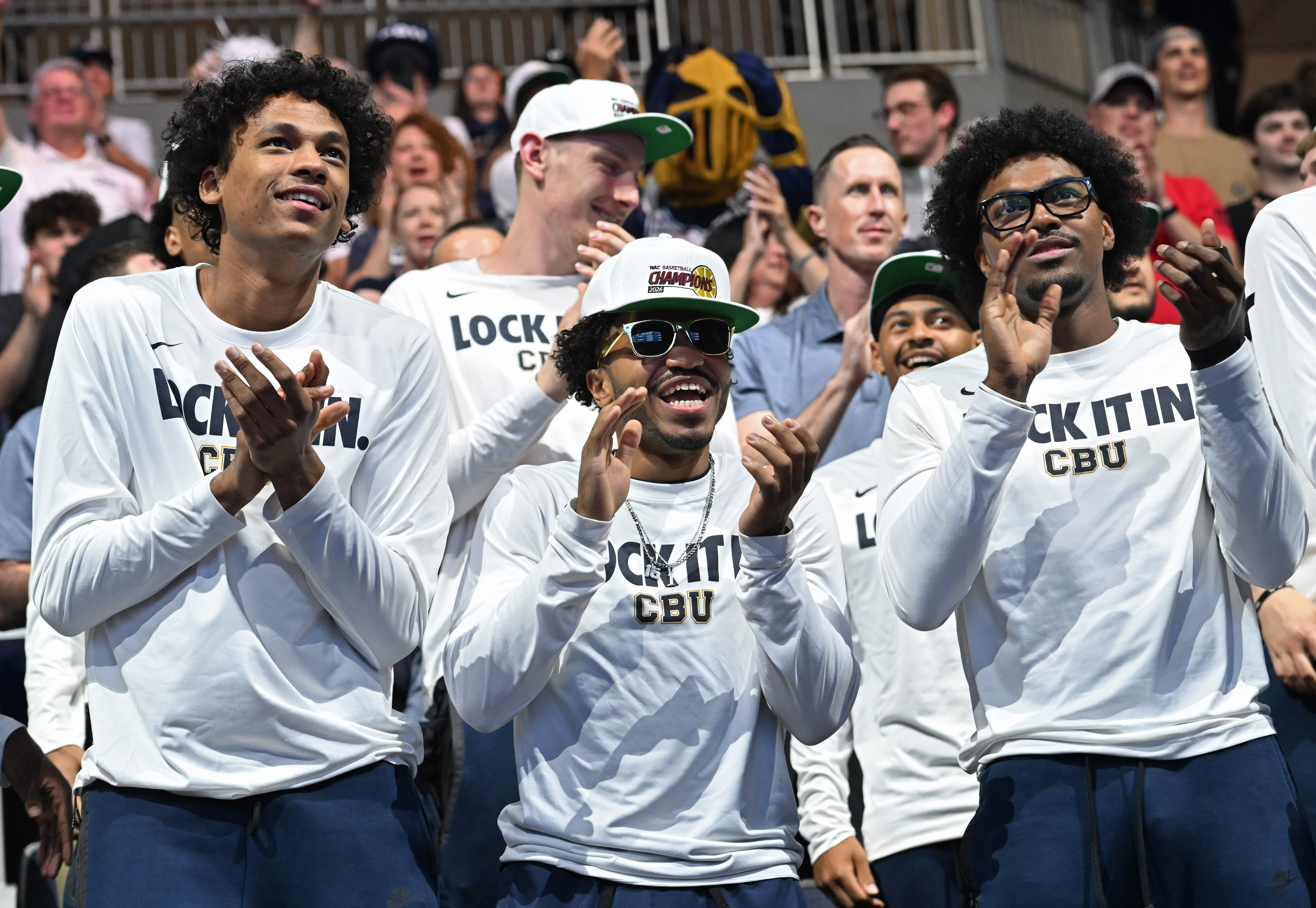 California Baptist University men’s players Thomas Ndong, Dominique Daniels Jr.,...