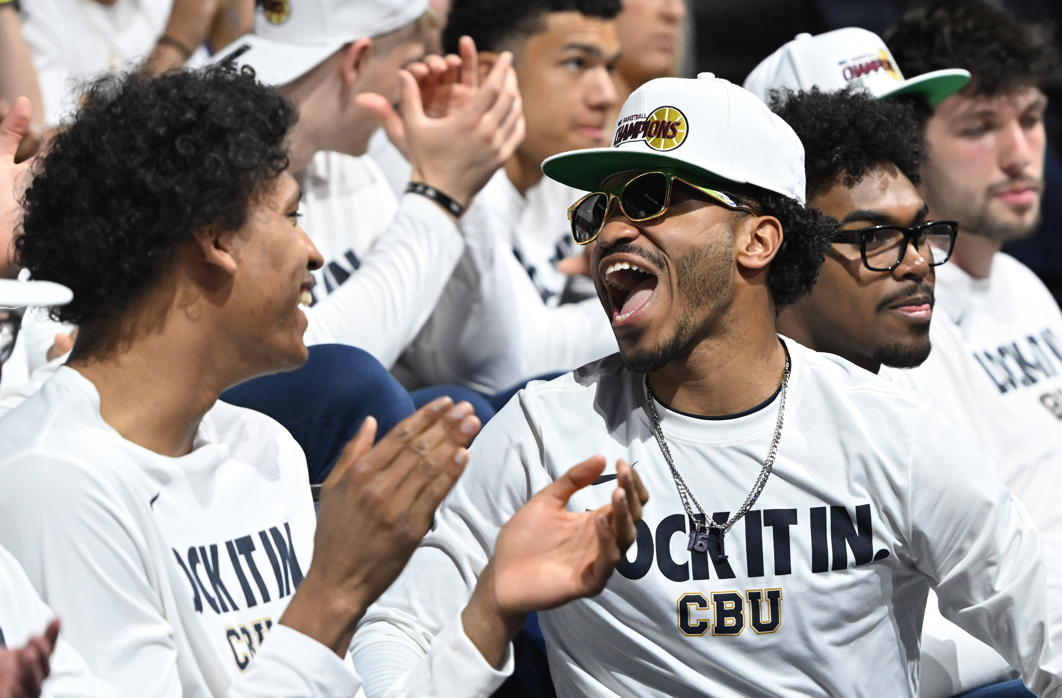 California Baptist University men’s player Dominique Daniels Jr. reacts during...