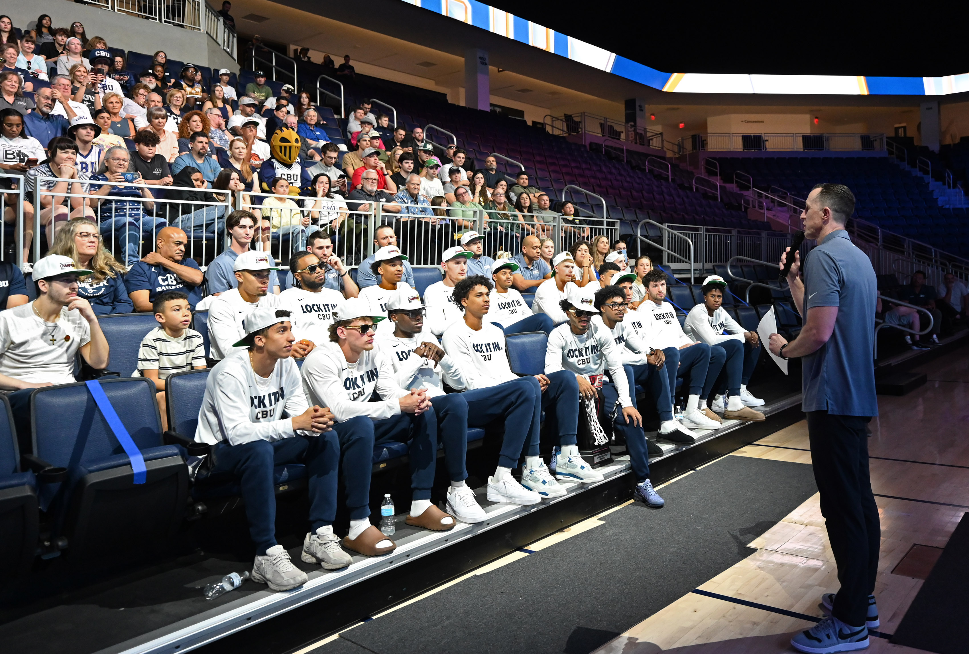 The California Baptist University men’s Head Coach Rick Croy addresses...