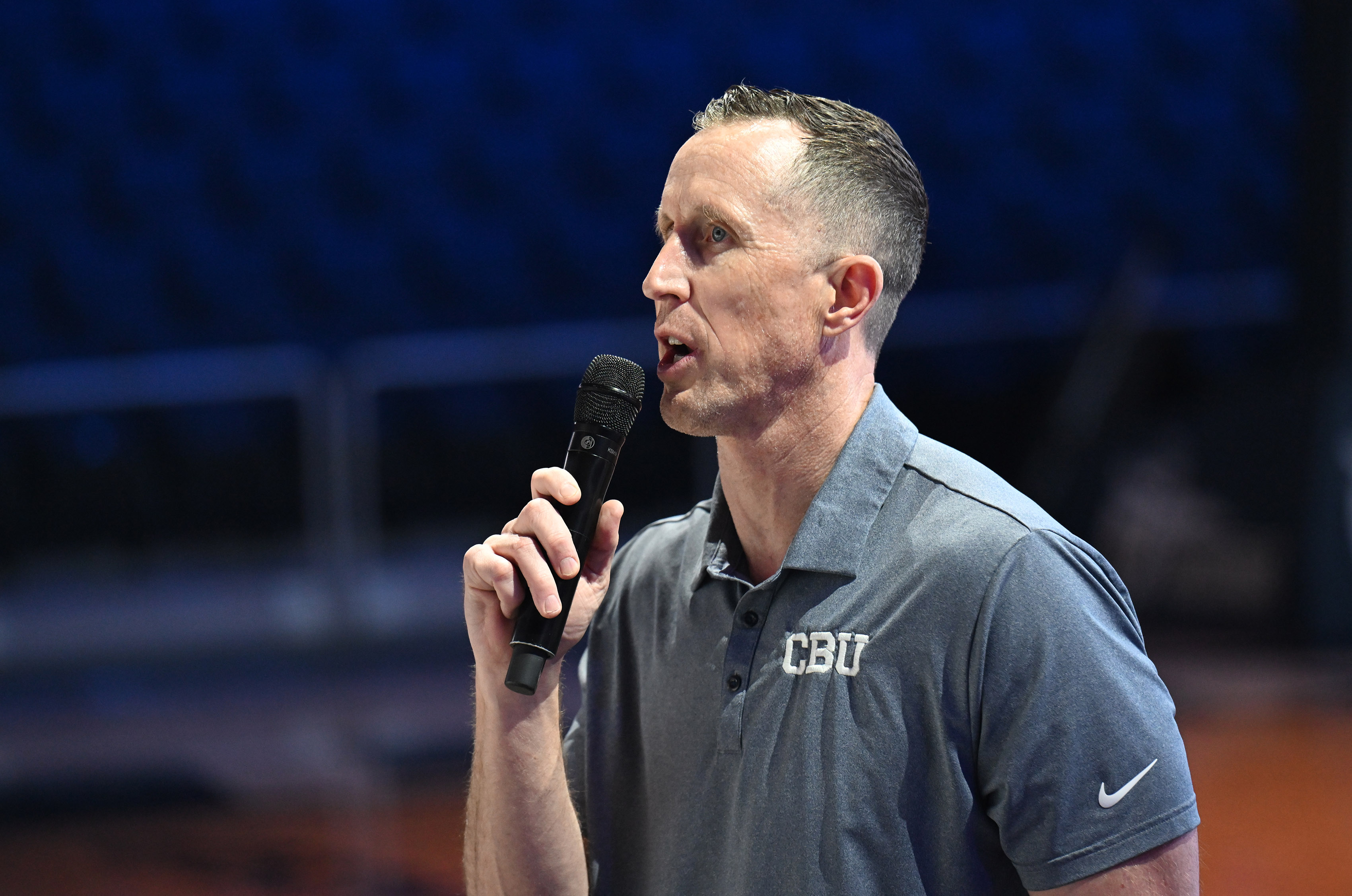 California Baptist University men’s Head Coach team addresses the team...