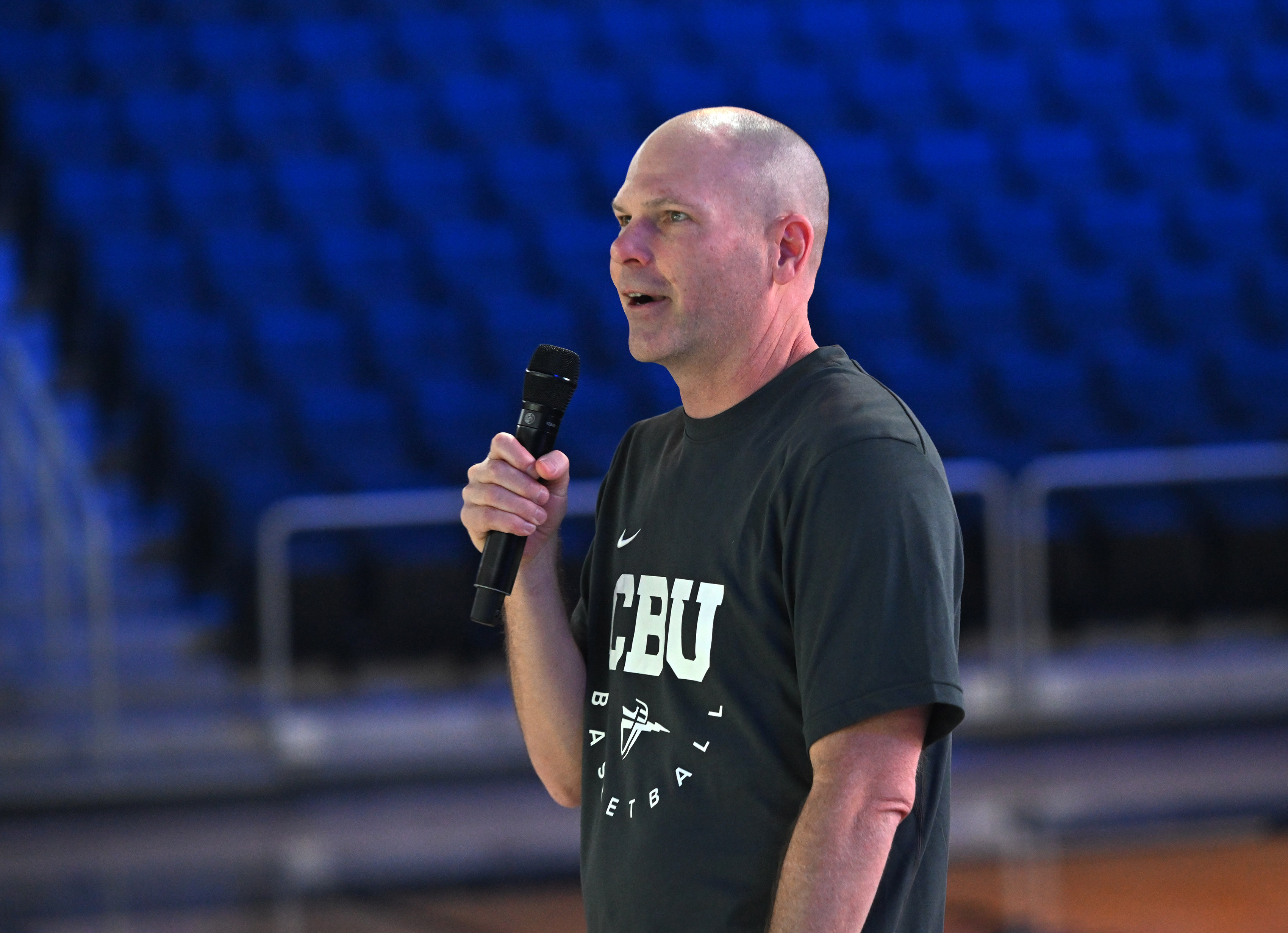California Baptist University women’s Head Basketball Coach Jarrod Olson addresses...