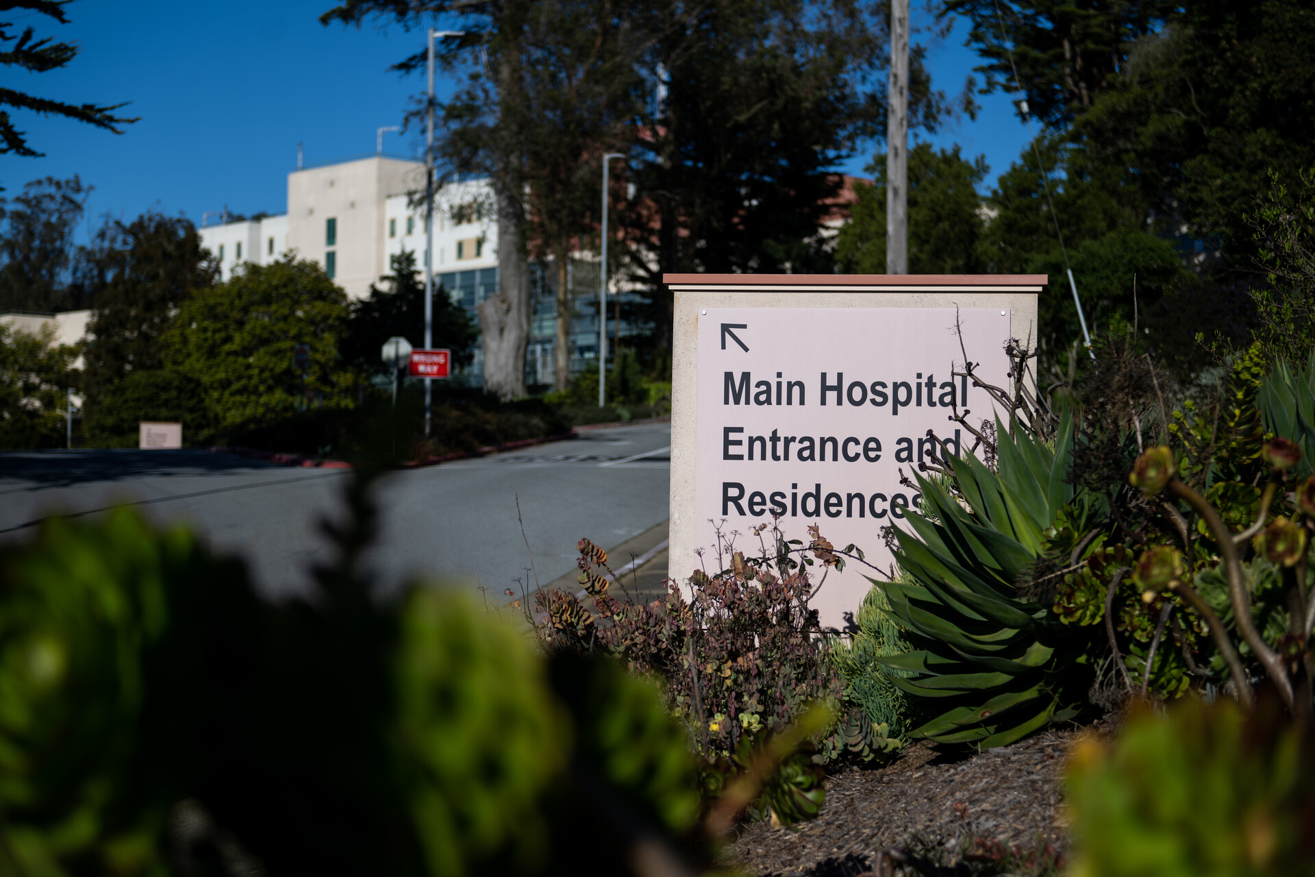 The entryway to a hospital driveway with a sign that reads, 
