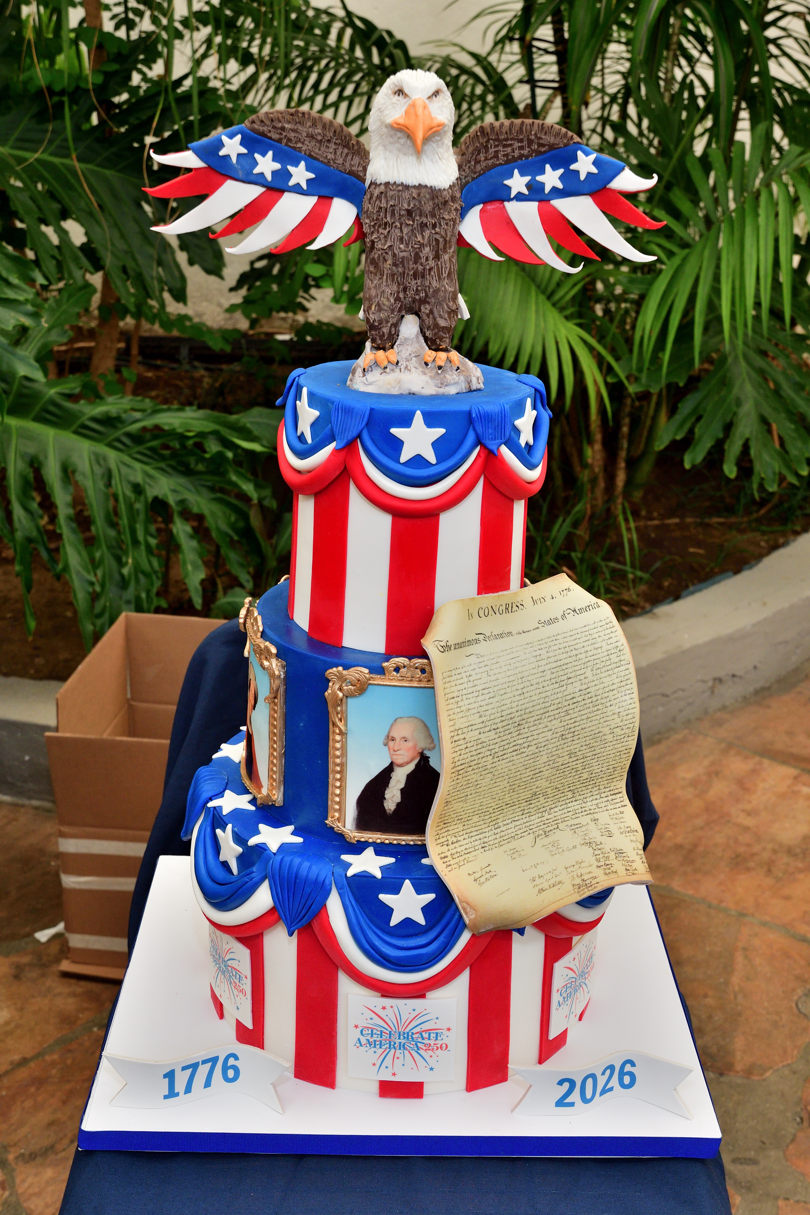 Americaâs 3-tier Birthday Cake featuring portraits of Americaâs Founding Fathers....
