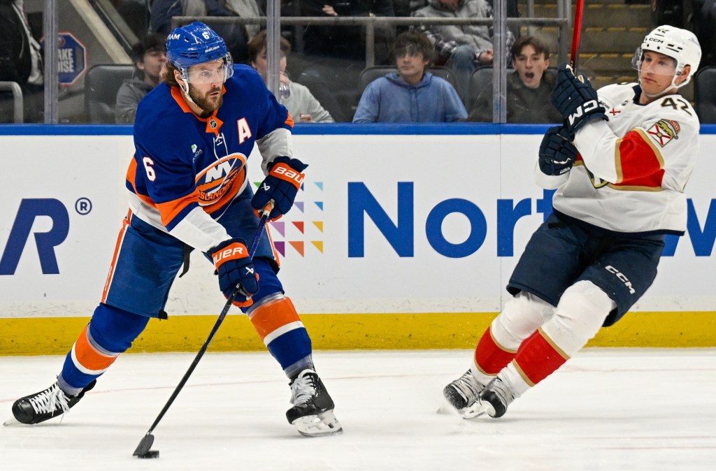 Ryan Pulock makes a pass during the Islanders' 5-4 win over the Panthers at UBS Arena on March 1, 2026. 