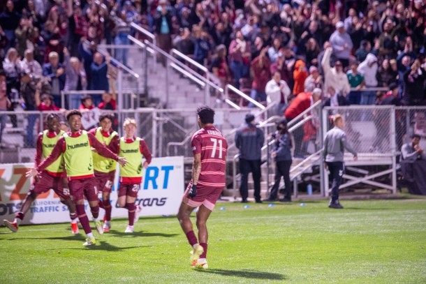 Sacramento Republic Forward Kyle Edwards (71) celebrates with teammates after scoring from outside the box to give the Republic a 2-0 lead in the opening home win March 7th, 2026 at Hearth Health Park.