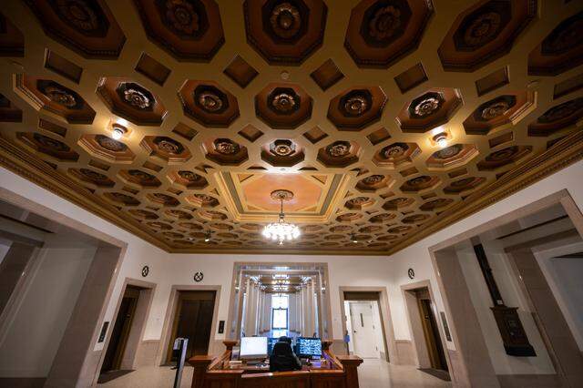 The restored main lobby at the Jesse M. Unruh Building in Sacramento earlier this month.