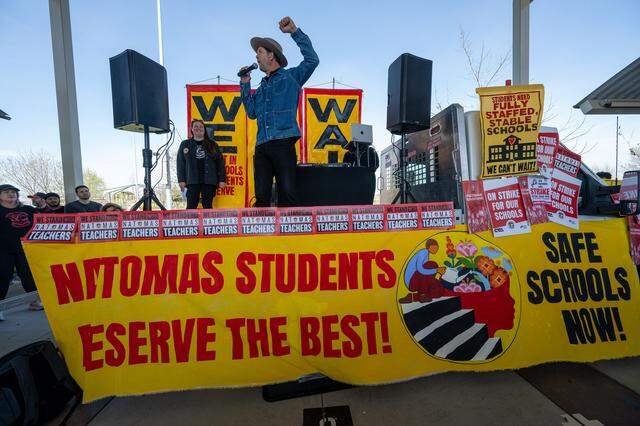 California Teachers Association President David Goldberg speaks at a rally on Tuesday, March 10, 2026, at North Natomas Regional Park in Sacramento during the first day of the Natomas school district teachers' strike. 