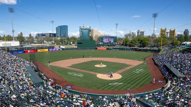 Athletics pitcher Angelo Perdomo throws in the sixth inning against the Chicago Cubs on Wednesday, April 2, 2025, during the A’s first day game at Sutter Health Park in West Sacramento. 