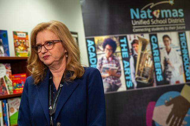 Natomas Unified School District Superintendent Robyn Castillo waits to answer questions during a news conference at district headquarters in Sacramento on Monday.