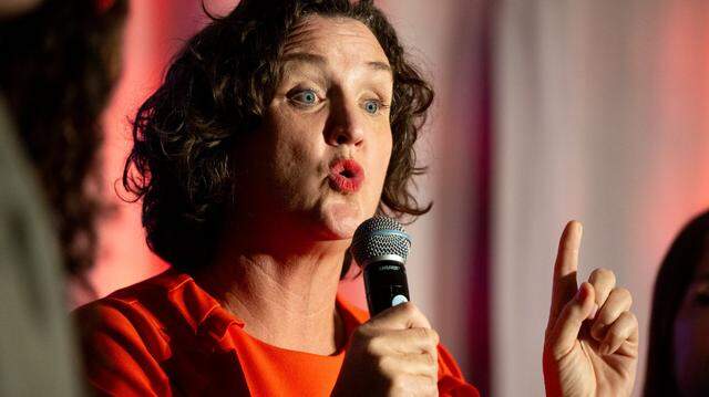 Katie Porter speaks during a gubernatorial forum in Sacramento last year. The former congressional representative has dropped slightly in recent polls but remains competitive with Tom Steyer and Rep. Eric Swalwell.