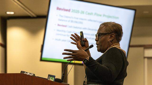 Sacramento City Unified Interim financial officer Lisa Grant-Dawson provides a fiscal solvency plan update during a board meeting at the Serna Center In February.