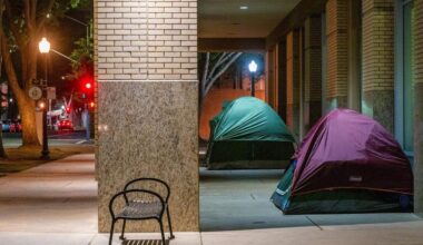 Tents stand outside Sacramento City Hall on July 15, 2025.