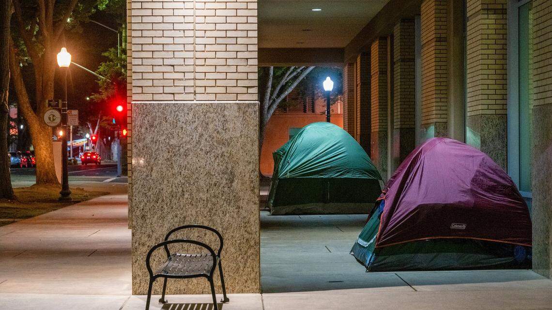 Tents stand outside Sacramento City Hall on July 15, 2025.