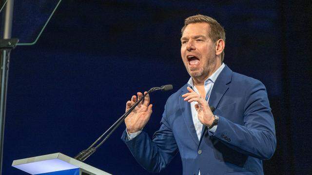 Rep. Eric Swalwell, D-Dublin, makes his pitch to become the next California governor at the California Democratic Party state convention last month in San Francisco. Swalwell has rejected claims put forward by rival candidate Tom Steyer that he’s not a California resident.