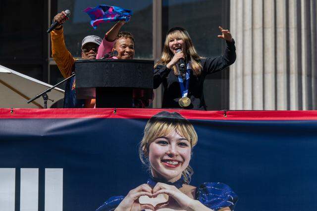 Oakland Mayor Barbara Lee introduces Olympic gold medalist Alysa Liu during a rally at the Frank Ogawa Plaza in Oakland on Thursday. Thousands came out to honor Liu for her gold medal in Women’s Ice Skating at the 2026 Milan Cortina Olympics.