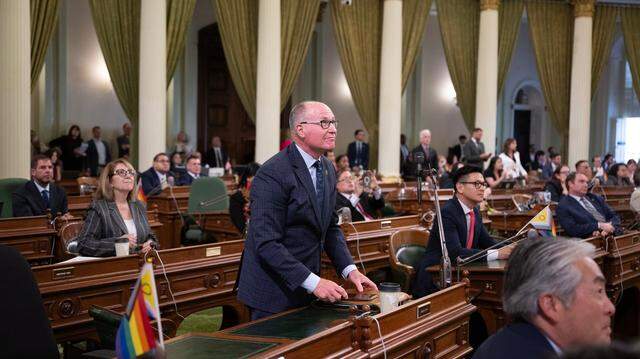 Assemblyman Gregg Hart, D-Santa Barbara, the author of ABx2-1, watches the vote tally during a special session of the as his bill passes on Tuesday, Oct. 1, 2024.