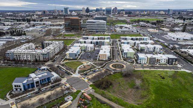 An aerial view of the Township 9 housing development in Sacramento's River District in January.