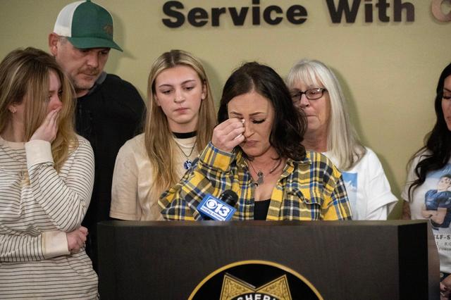 Crystal Shearer, parent of Corey Shearer, wipes tears after a news conference with family members at the Sheriff’s Office news conference where they released a photo of an unidentified “person of interest” in the homicide investigation of her son in Sacramento, Friday, Jan. 6, 2023. Corey Shearer, 20, of Ione was shot and killed on Aug. 5, 2022, at a house party in the 3000 block of Ramsgate Way in Rancho Cordova.