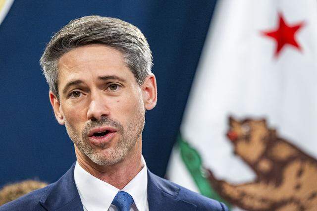 San Jose Mayor Matt Mahan, a candidate for governor, speaks on Wednesday at the governor’s press room in Sacramento with other mayors of California's biggest cities. He committed to providing consistent funding for a homeless program if elected. 