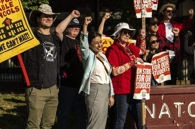 Sacramento Councilmember Karina Talamantes joins a Natomas High School student walkout during a teacher strike at Natomas High School on Monday. The students and teachers marched two miles from the school to the district office.