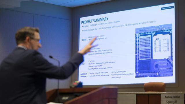 Joe Wagoner, CEO of the Mettle Shop, speaks during an agenda item about his proposal to build a sports complex at the Sunrise Mall during a council meeting at City Hall in Citrus Heights on Wednesday.