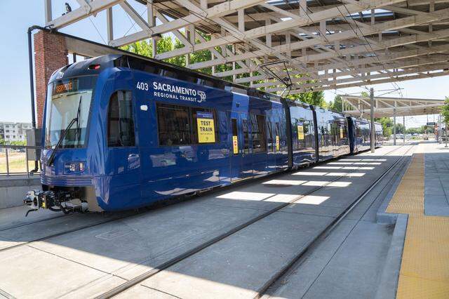 One of Sacramento Regional Transit’s new S700 low-floor light rail train awaits riders at the Township 9 station in Sacramento on Wednesday, June 12, 2024.
