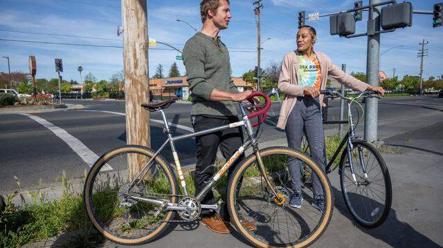 David Moore, community planning specialist and Kiara Reed, executive director of Civic Thread, on Friday, April 21, 2023, talked about their hopes for improvements on Stockton Boulevard that will make it safer for pedestrians and bicyclists. Their hope is for wider bike lanes and slower vehicle speeds that can prevent accidents. 