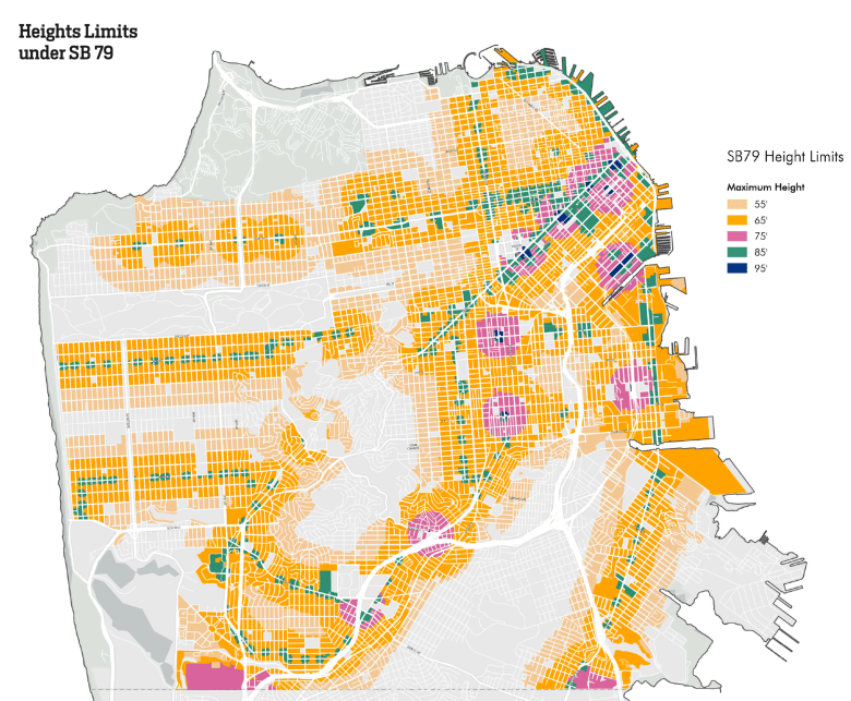 A color coded map of San Francisco that shows height limits for new zoning under a state law SB 79.