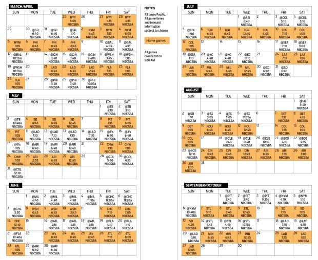 San Francisco Giants, calendar schedule for the 2026 season