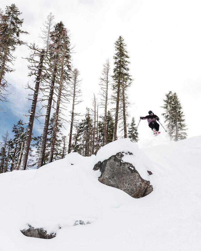 A skier descends over a crag at Sierra-at-Tahoe on Sunday, Jan. 5, 2026. 