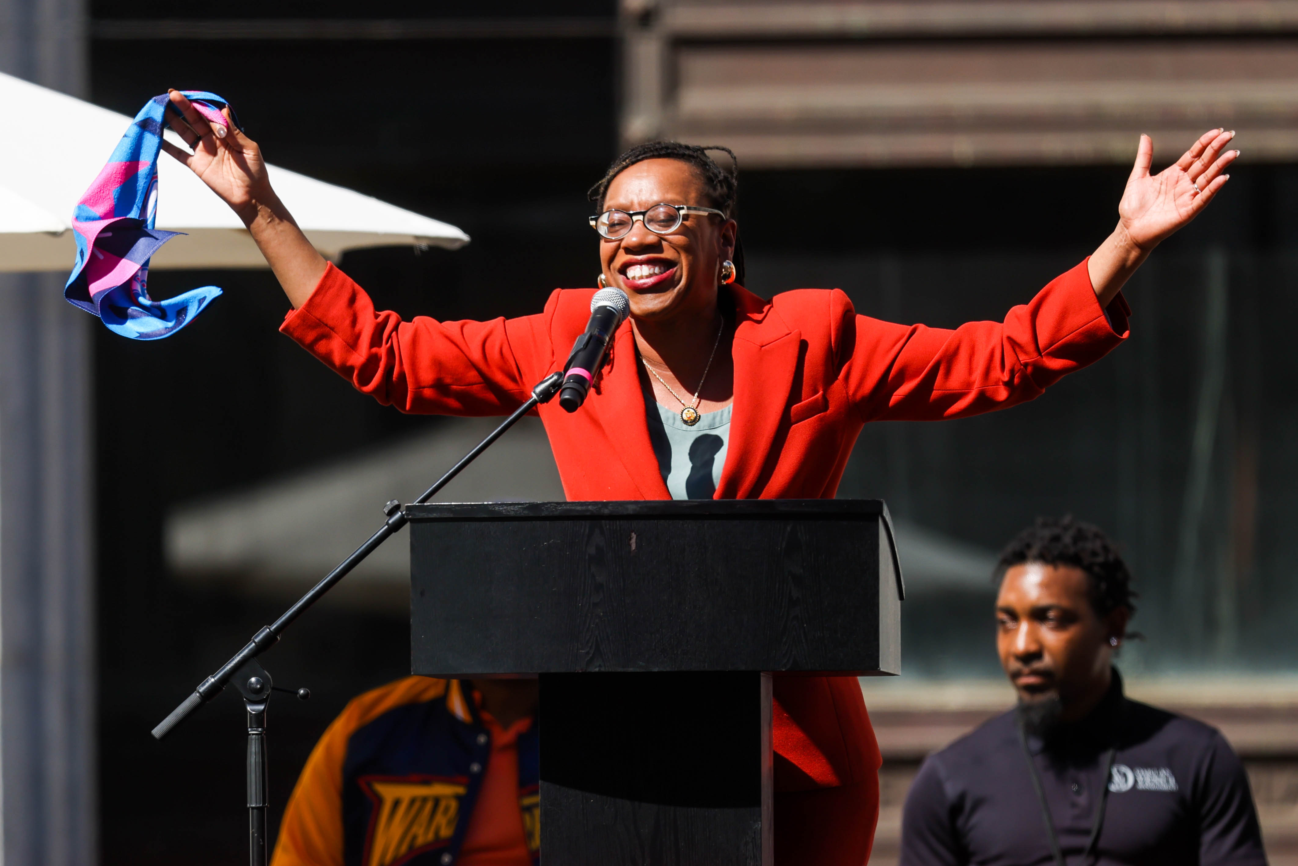 Congresswoman Lateefah Simon speaks during Olympic gold medalist figure skater...