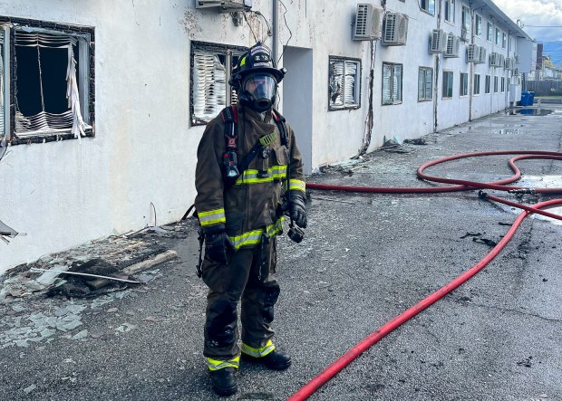 A two-alarm fire displaced 60 residents and destroyed three cars at an apartment complex in the 400 block of Kuehnis Drive in Campbell on Monday, March 2, 2026. (Santa Clara County Fire Department)