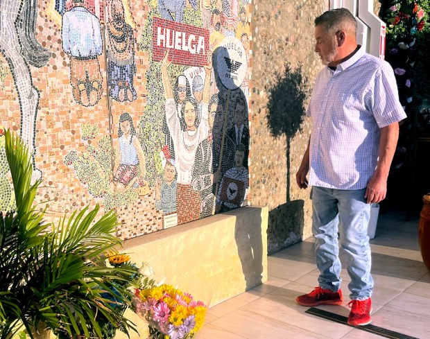 John Martinez, 69, who helps with evening Masses at Our Lady of Guadalupe Church where a mosaic featuring the images of Cesar Chavez and Robert F. Kennedy, who celebrated a mass there with Chavez in 1968, are embedded. Martinez used to pick apricots and prunes in nearby orchards as a child. (Julia Prodis Sulek/ Bay Area News Group)