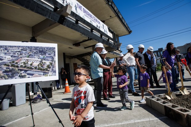 Members of the Dharma Center project team and students from Lotus Preschool participate in a groundbreaking ceremony for a $15 million dollar project called The Dharma Center, Thursday, March 12, 2026, in San Jose's Japantown. The center will house a preschool, Sunday religious classes, Japanese language school, and other San Jose Buddhist Church Betsuin and community activities. (Dai Sugano/Bay Area News Group)