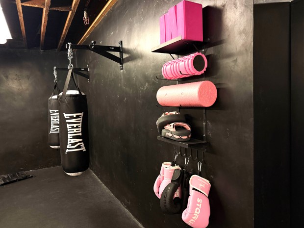 Pink equipment is ready for use in the boxing room at Pink Lab gym in downtown San Jose on Saturday, March 7, 2026. (Iris Sanchez/Mosaic)