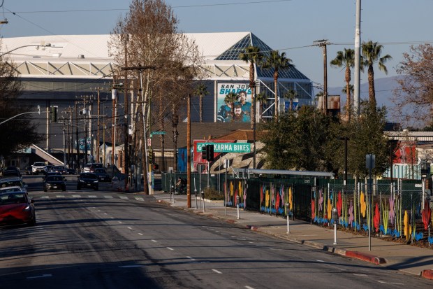 SAP Center and Good Karma Bikes are seen from South Montgomery Street, Jan. 15, 2026, in San Jose. (Dai Sugano/Bay Area News Group)