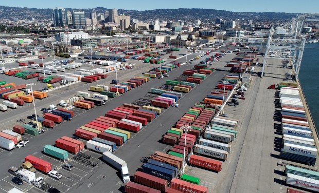 OAKLAND, CA - MARCH 13: Howard Terminal and downtown Oakland are seen from this drone view in Oakland, Calif., on Wednesday, March 13, 2019. The site is being considered for the Oakland Athletics new ballpark and for housing on the northern side near Schnitzer Steel. (Jane Tyska/Bay Area News Group)