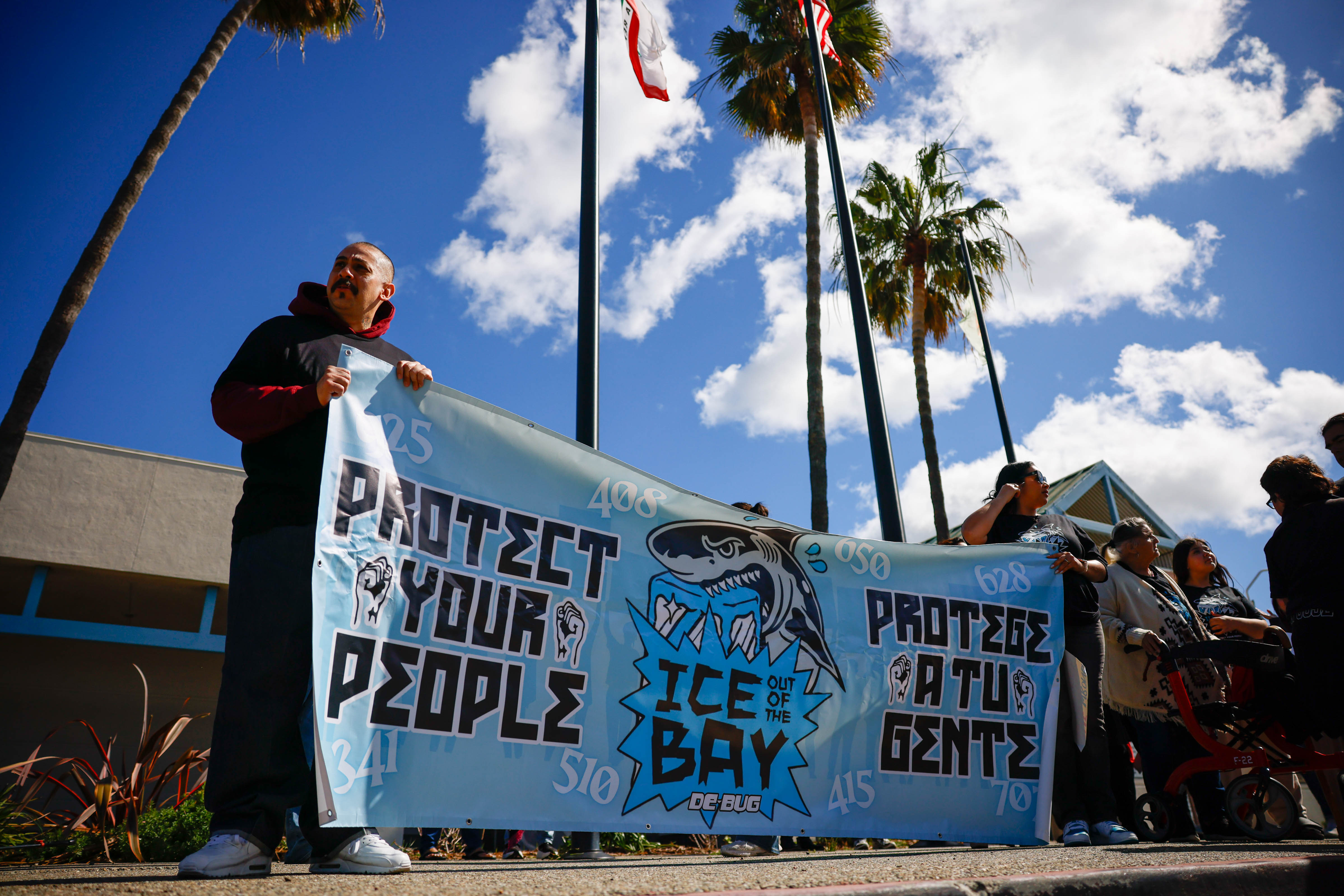 People gather to protest ICE at Elmwood Jail in Milpitas,...
