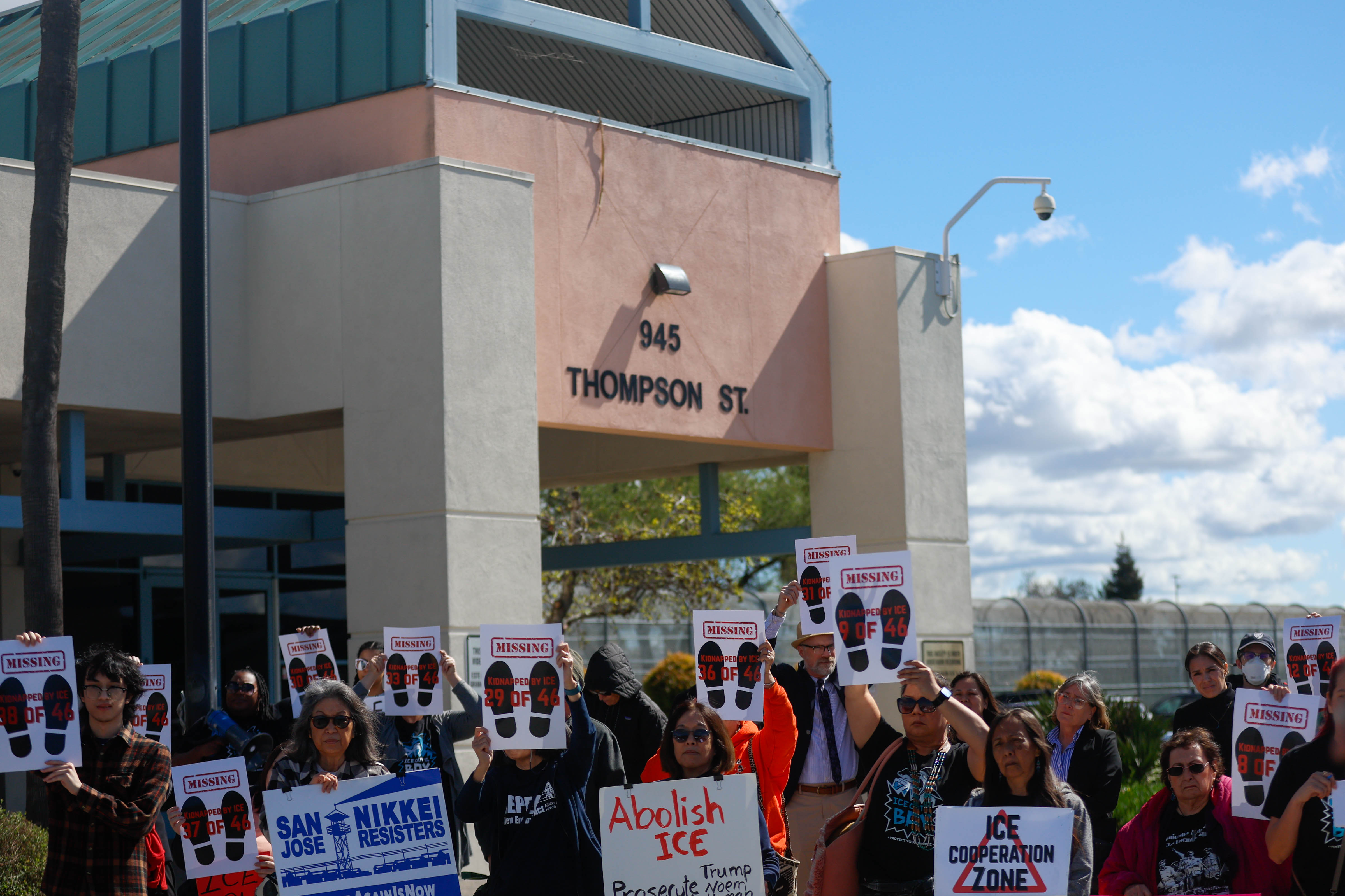 People gather to protest ICE at Elmwood Jail in Milpitas,...
