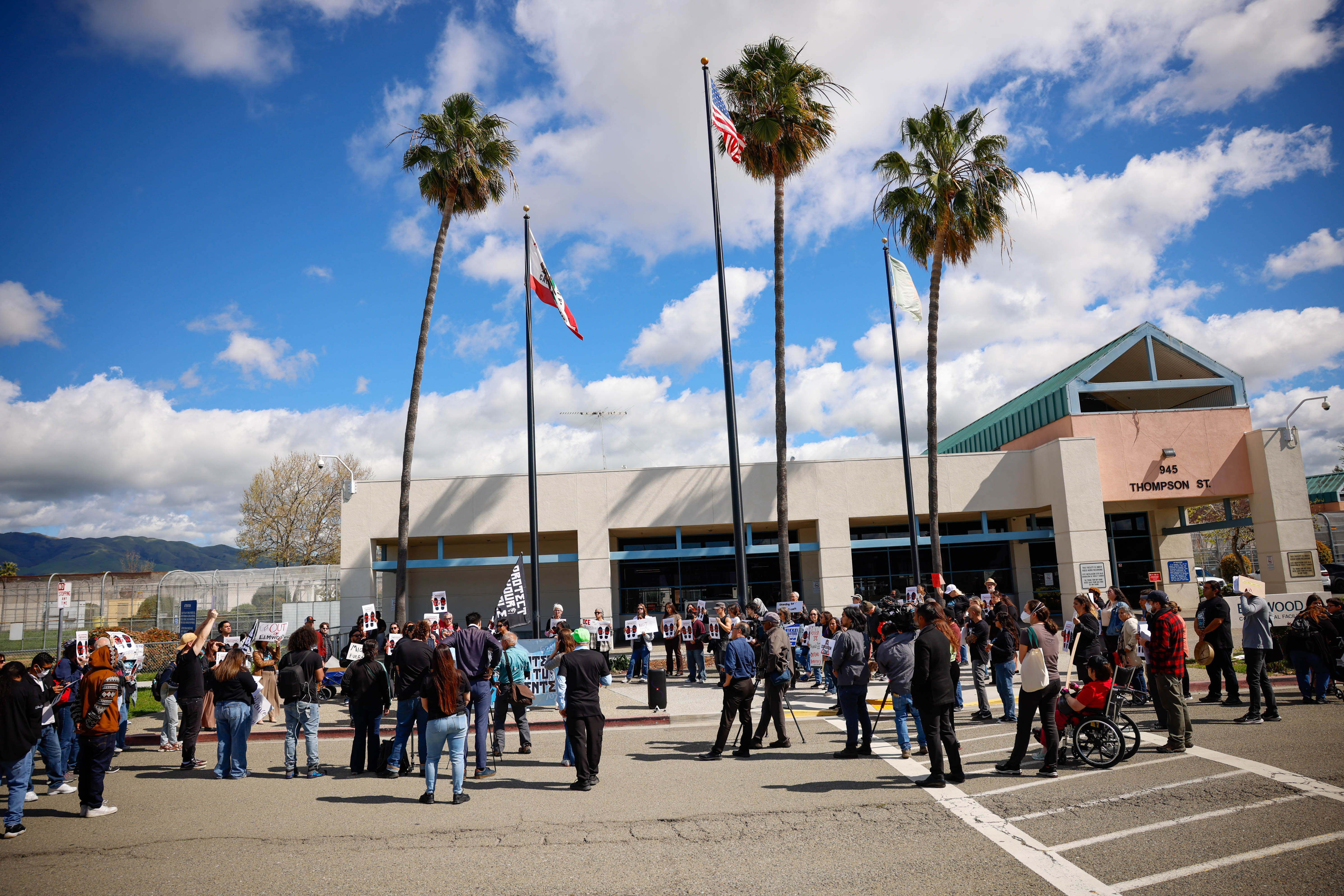 People gather to protest ICE at Elmwood Jail in Milpitas,...